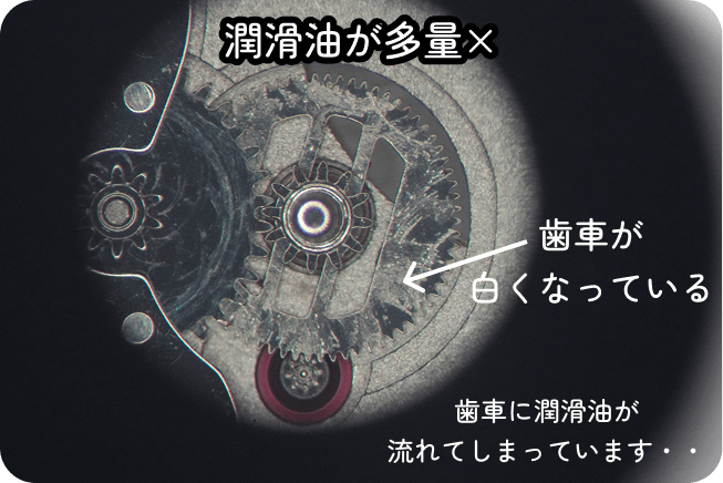 潤滑油が多量の時計ムーブメント